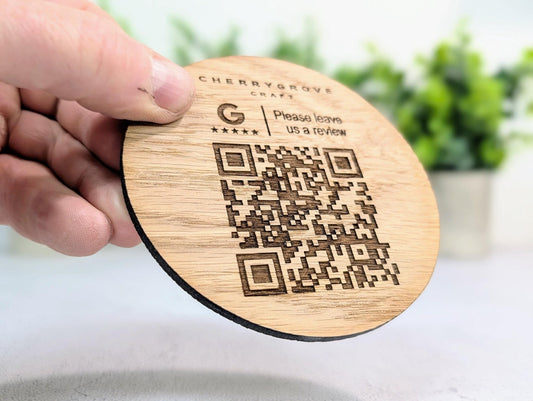 Custom Business Review Coaster with Logo & QR Code – Oak Veneer Engraved Coaster, Handmade in Wales | Google Review Branding - CherryGroveCraft