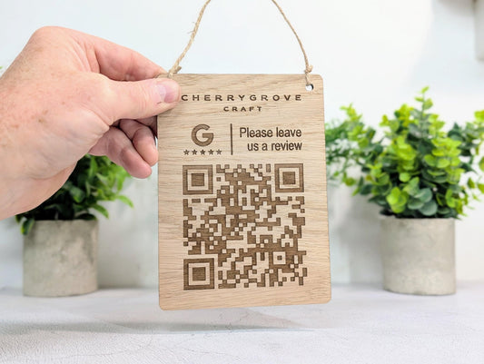 Custom Logo Google Review Sign – Oak Veneered Hanging QR Code Sign for Businesses, Handmade in Wales, Plastic - Free Packaging - CherryGroveCraft