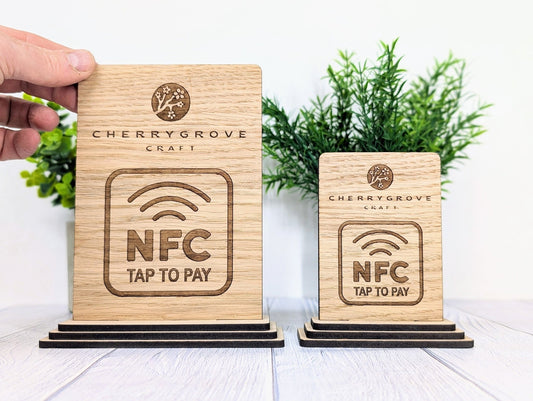 Custom NFC 'Tap to Pay' Wooden Sign - Personalised Logo, Eco - Friendly, Handmade in Wales, NFC tag, 2 Sizes, Signage - CherryGroveCraft