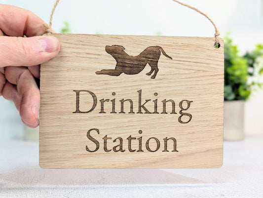 Dog Drinking Station Sign – Oak Veneered Wooden Hanging Sign for Pubs, Cafés & Restaurants, Handmade in Wales, Eco Packaging - 4 Sizes - CherryGroveCraft