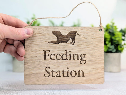 Dog Feeding Station Sign – Oak Veneered Wooden Hanging Sign for Pubs, Cafés & Pet - Friendly Spaces, Handmade in Wales, Eco Packaging, 4 Sizes - CherryGroveCraft