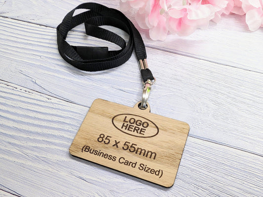 Eco Staff Name Badges - Double Sided with Lanyards, Personalised Oak Veneer Staff Name Badges on Eco Lanyards - Staff Tags, Add Your Logo - CherryGroveCraft