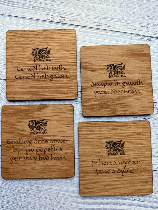 Welsh Wooden Coasters, Welsh Language Gift, Birthday Gift, Oak