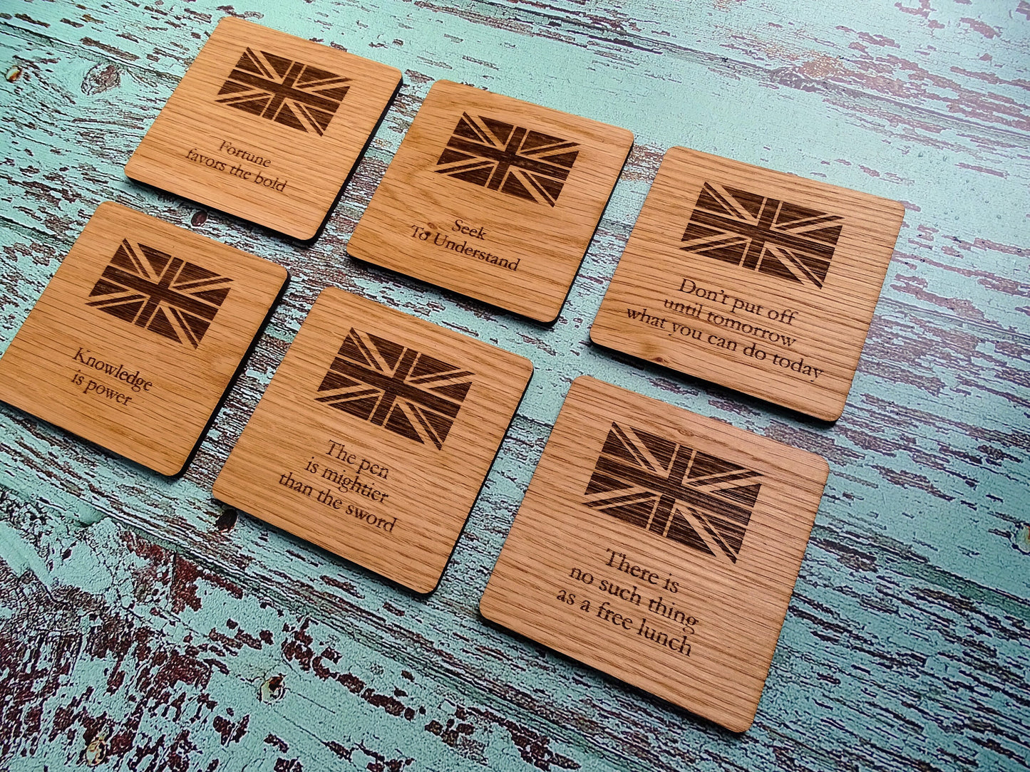 Wooden Coasters With English Proverbs, British Gift, Oak Coasters