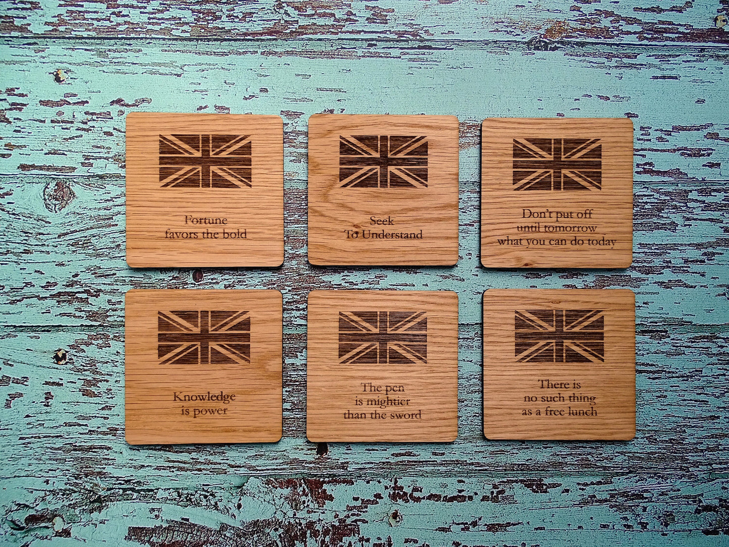 Wooden Coasters With English Proverbs, British Gift, Oak Coasters