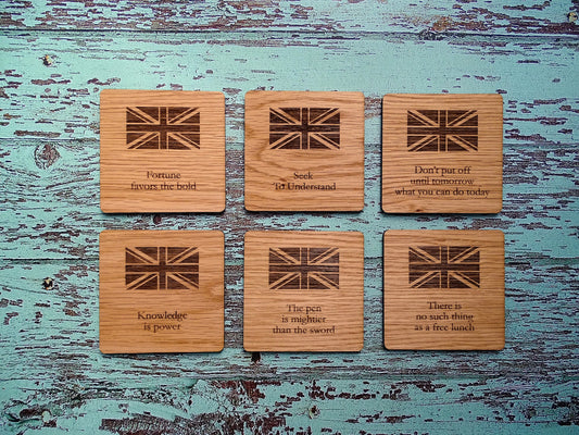 Wooden Coasters With English Proverbs, British Gift, Oak Coasters