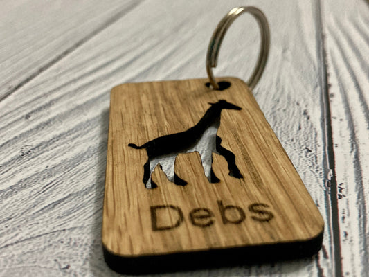 Personalised Giraffe Keyrings, Engraved Wooden Animal Keyring, Gift For Giraffe Lover, Oak