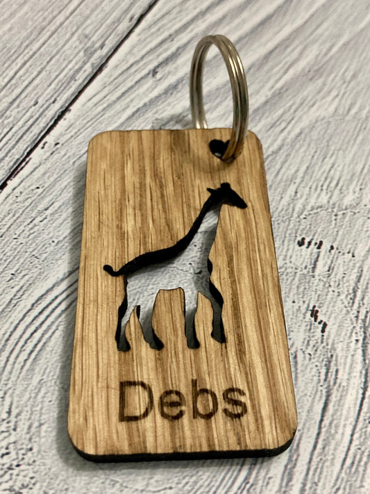 Personalised Giraffe Keyrings, Engraved Wooden Animal Keyring, Gift For Giraffe Lover, Oak