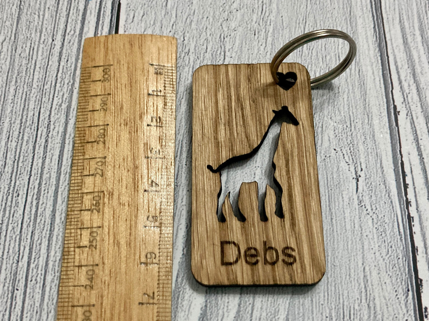 Personalised Giraffe Keyrings, Engraved Wooden Animal Keyring, Gift For Giraffe Lover, Oak