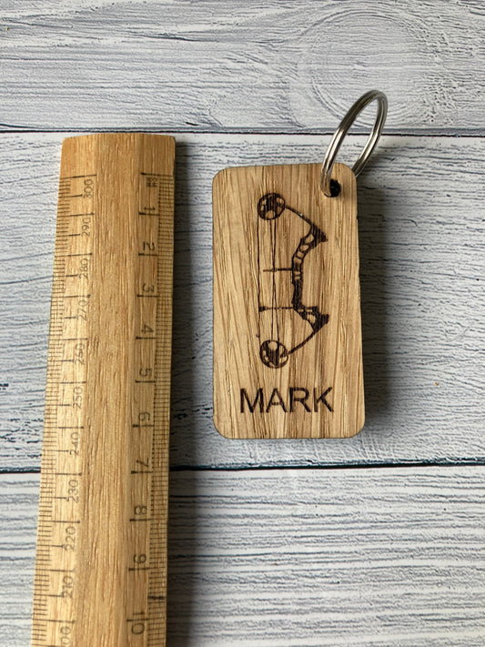Archery Personalised Keyrings, Engraved Wooden Bow Keyring, Gift For Archery Enthusiast, Oak