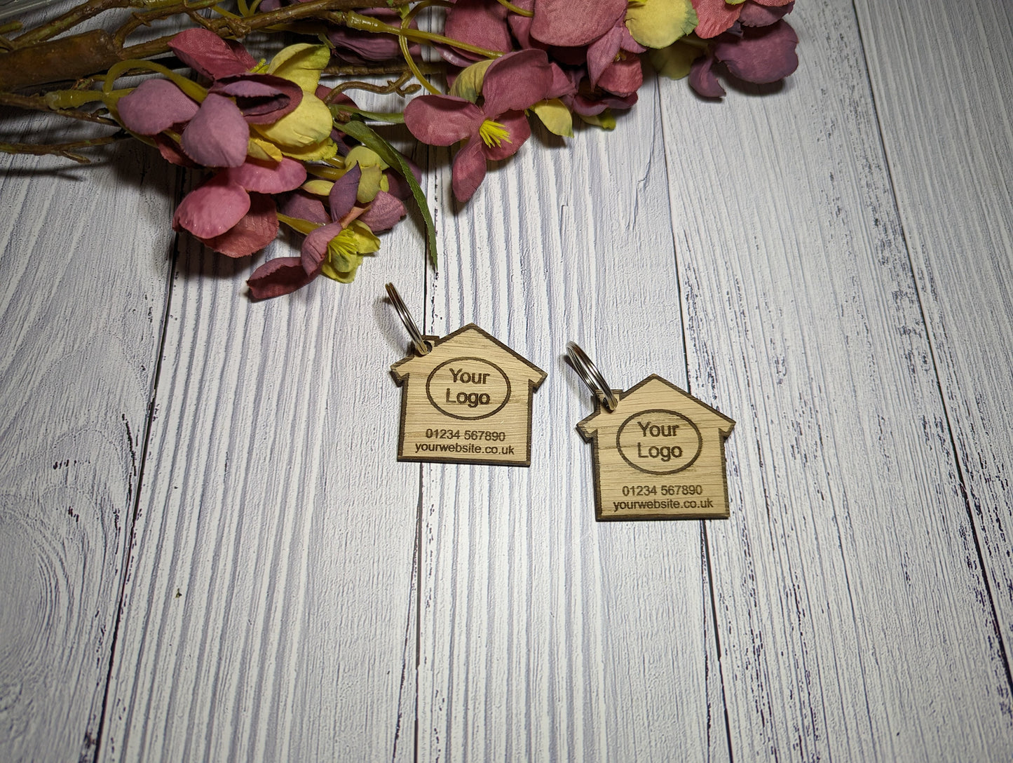 Personalised oak property keyring with house key attached — made to order in North Wales