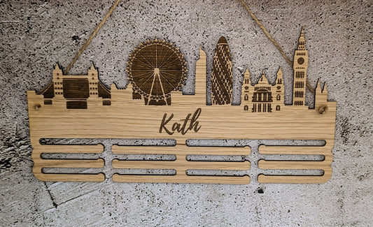 Personalised London Skyline Wooden Medal Hanger | Engraved Sports Medal Display | Oak Veneer, Marathon Runner, Athlete etc