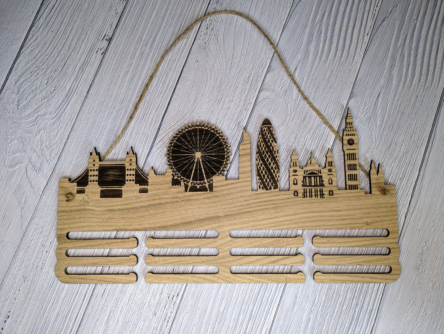 Personalised London Skyline Wooden Medal Hanger | Engraved Sports Medal Display | Oak Veneer, Marathon Runner, Athlete etc