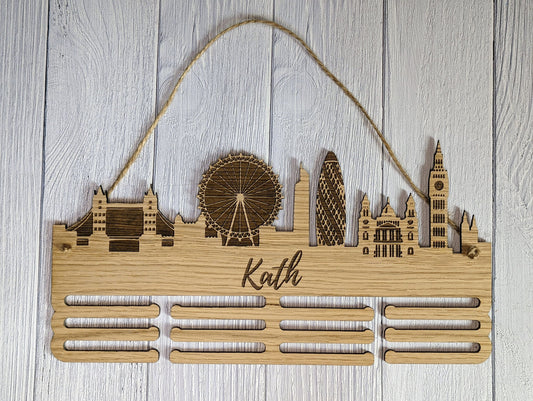 Personalised London Skyline Wooden Medal Hanger | Engraved Sports Medal Display | Oak Veneer, Marathon Runner, Athlete etc