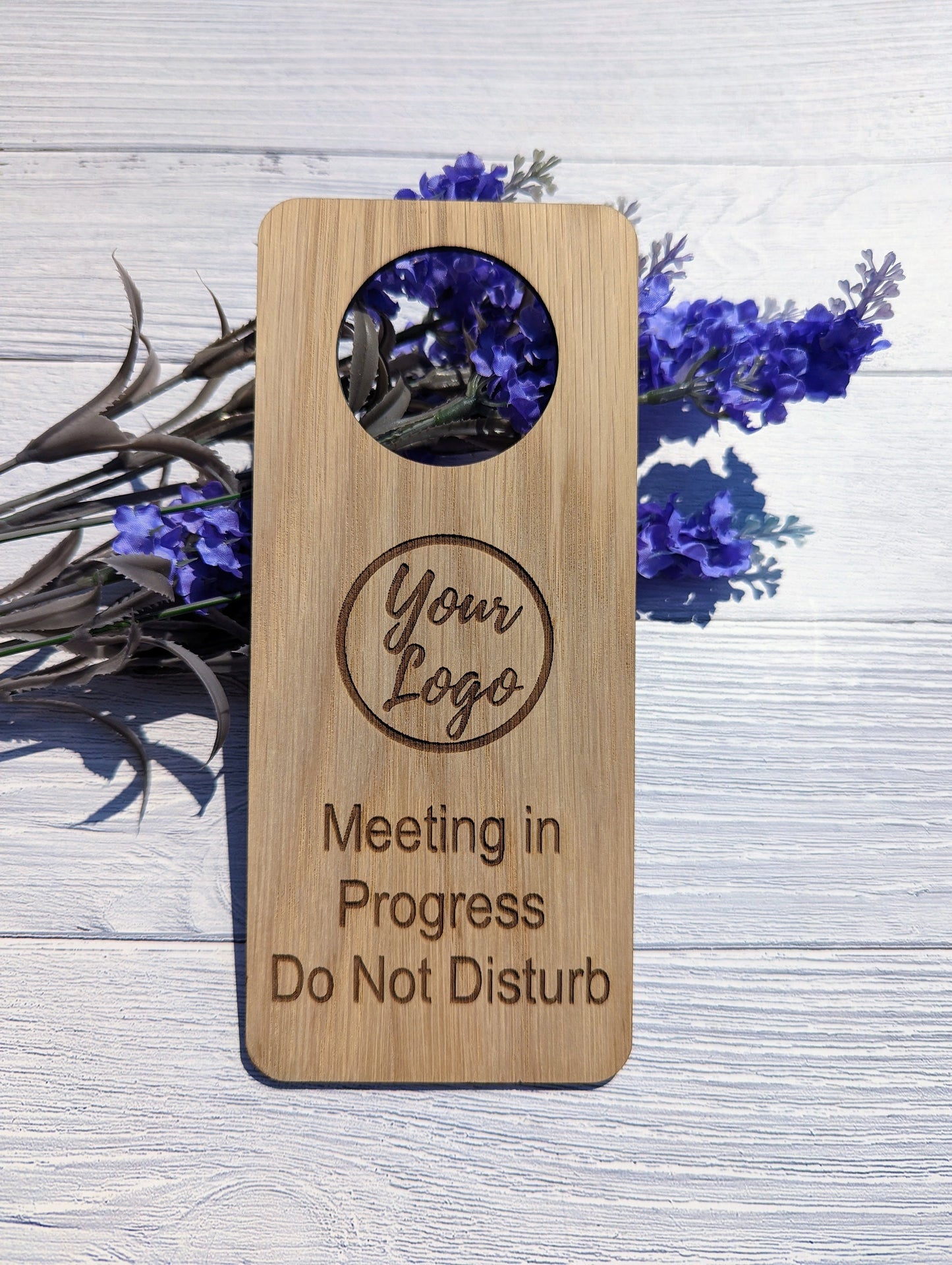 Oak Meeting in Progress door hanger — slips over standard door handles, no fixings needed