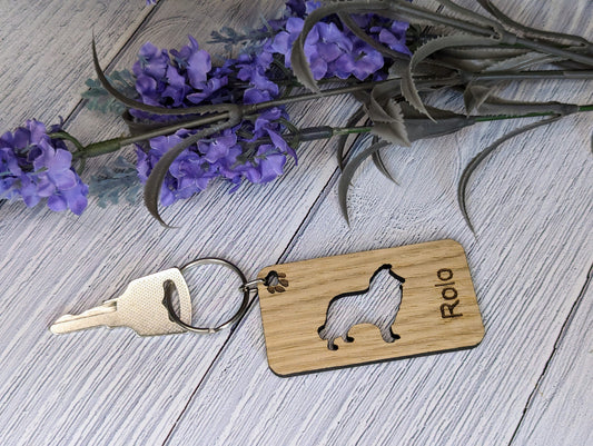 Personalised Rough Collie Wooden Keyring | Oak Dog Keychain | Gift For Rough Collie Parent | Doggy Key Tag Gift