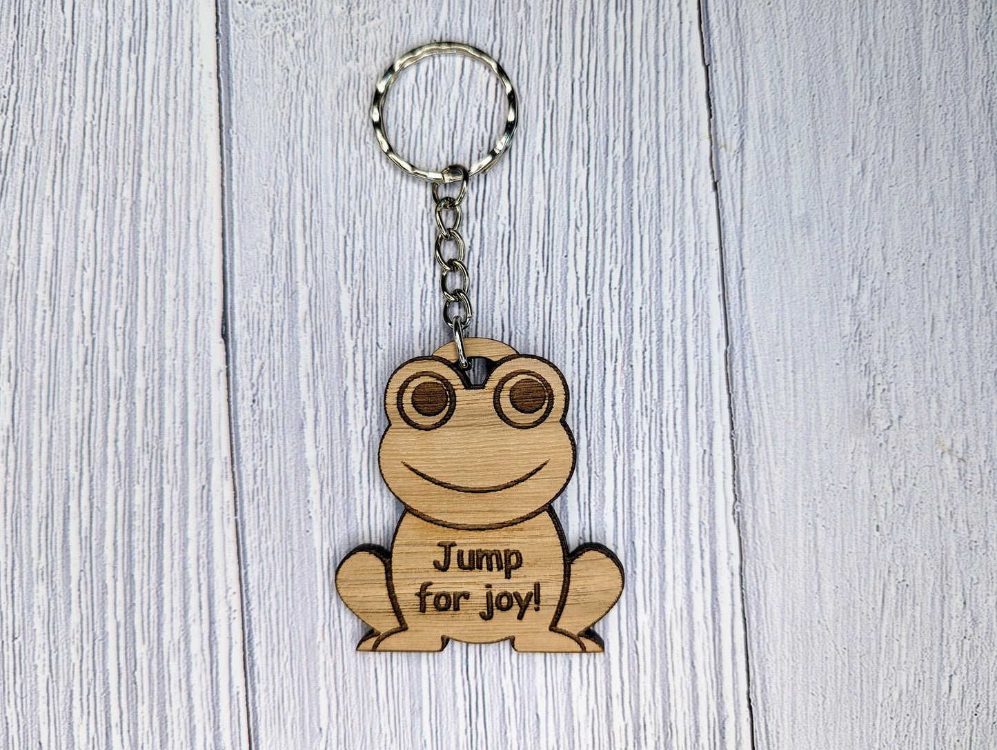 Wooden Frog Keyring | Jump For Joy | Bag Tag | Can Be Personalised | Oak Veneered MDF