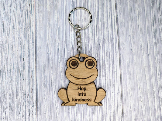 Wooden Frog Keyring | Hop into kindness | Bag Tag | Can Be Personalised | Oak Veneered MDF
