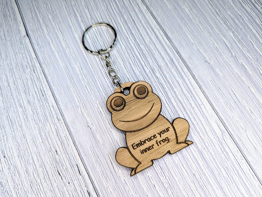 Wooden Frog Keyring | Embrace Your Inner Frog | Bag Tag | Can Be Personalised | Oak Veneered MDF