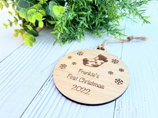 Personalized Baby's First Christmas Ornament: Engraved Wooden Bauble