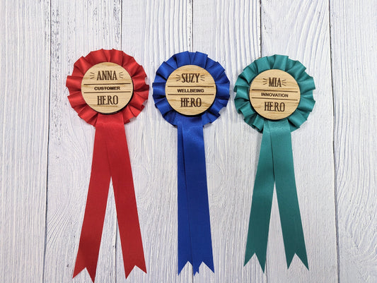Personalised Employee Recognition Hero Rosette - Celebrate Your Heroes! | Wooden Rosettes in 4 Colours | Bulk Orders Welcome