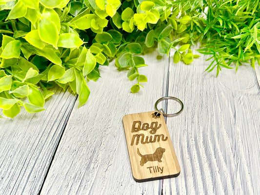 Personalised Basset Hound Dog Mum Wooden Keyring | Oak Dog Keychain | Gift For Basset Hound Parent | Doggy Key Tag Gift