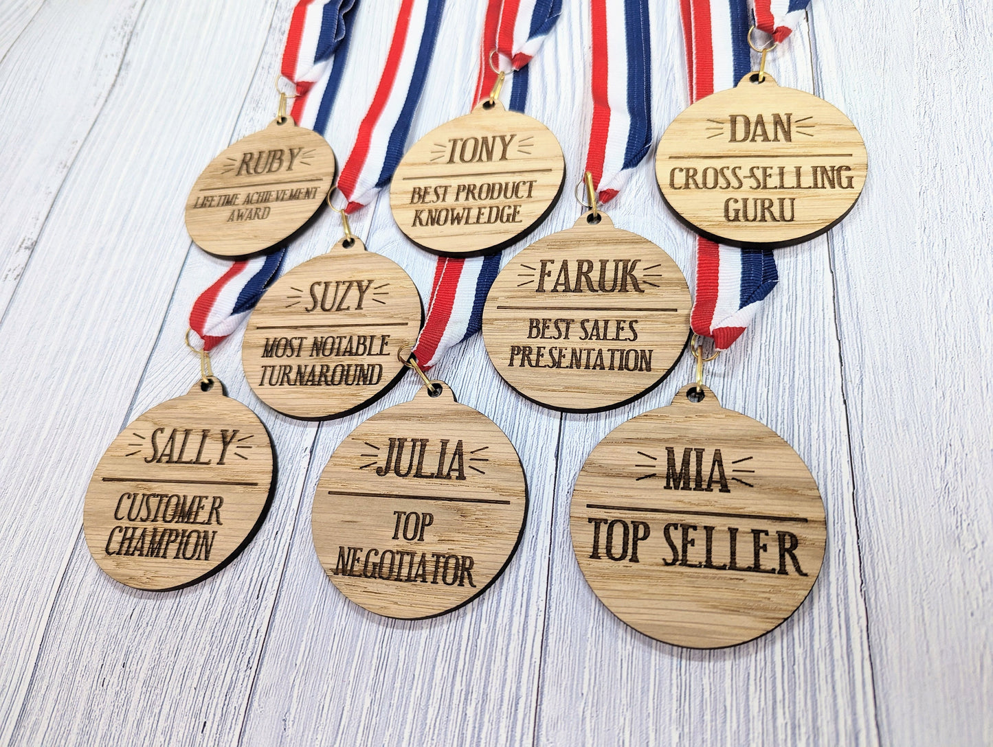 Sales Excellence Wooden Medal: Personalised Award for Motivating Sales Teams with Tri-Coloured Ribbon