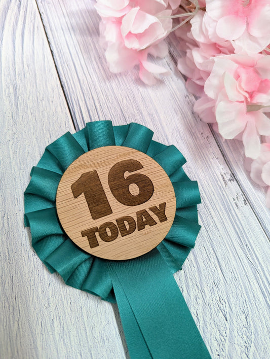 Wooden Rosette for 16th Birthday Celebration - '16 Today' Award Ribbon - Elegant Oak Veneer - Eco-Friendly Packaging