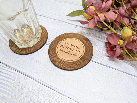 Wedding vinyl record coaster close-up of Mr and Mrs engraved label