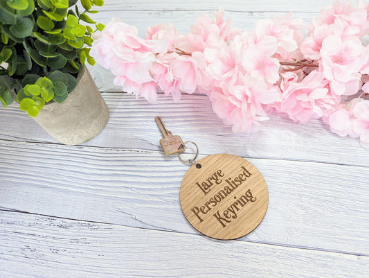 Personalised 90mm Diameter Round Wooden Keyring - Custom Engraved Text - Ideal for Special Occasions or Unique Gifts