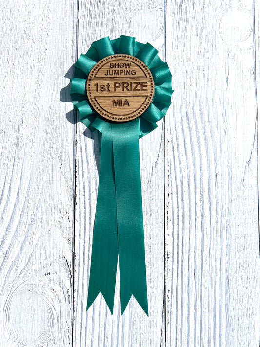 Personalised Wooden Show Jumping Rosette's | Customised Oak Rosettes in 4 Colours | Award Ribbon | Horse Riding