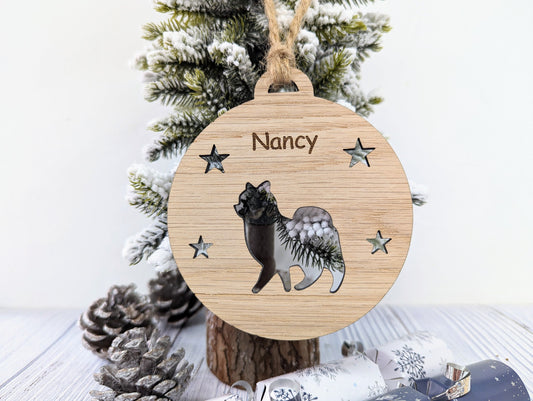 Personalised Pomeranian Christmas Bauble in Oak Veneer MDF - Rustic Jute String - Stars or Hearts Cut-Out - Pomeranian Gift