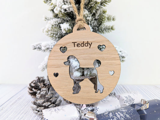 Personalised Poodle Christmas Bauble in Oak Veneer MDF - Rustic Jute String - Stars or Hearts Cut-Out - Poodle Gift