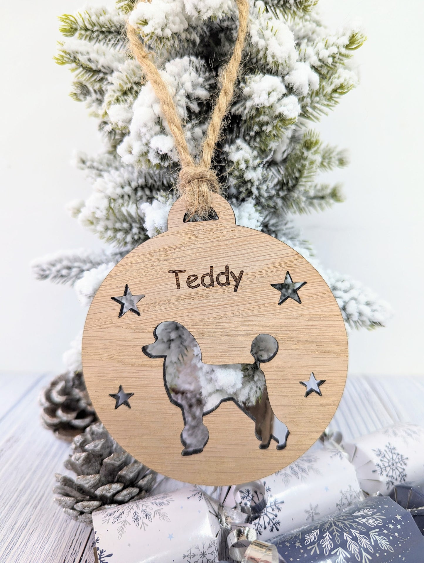 Personalised Poodle Christmas Bauble in Oak Veneer MDF - Rustic Jute String - Stars or Hearts Cut-Out - Poodle Gift