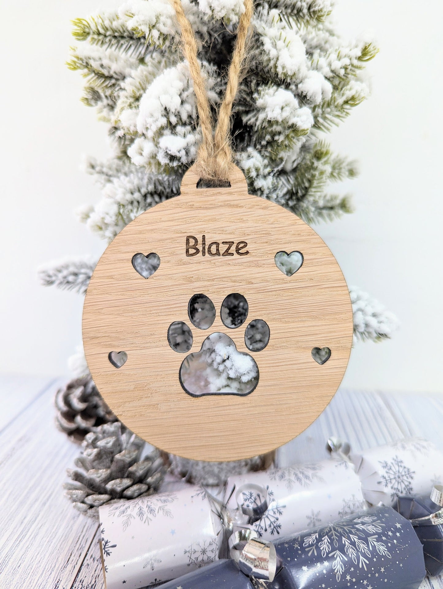 Personalised Paw Print Christmas Bauble in Oak Veneer MDF - Rustic Jute String - Stars or Hearts Cut-Out - Paw Print Gift