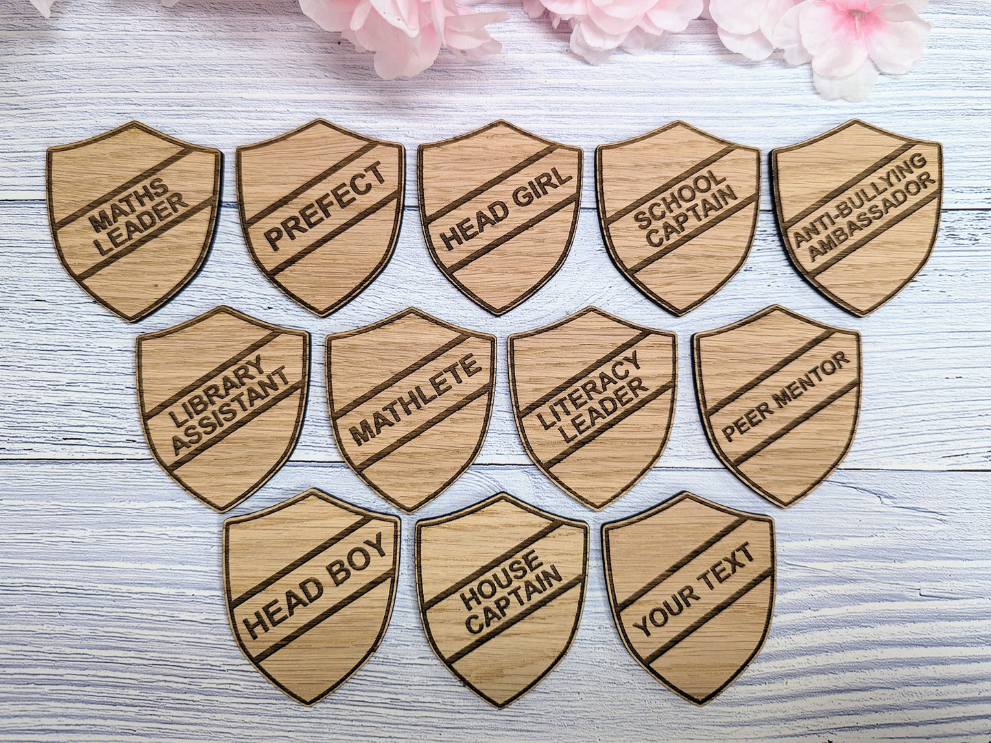 School Achievement Badges - 55x65mm - Oak Veneered MDF - Pin or Pin & Clip - Personalised or Pre-Designed Options for Students