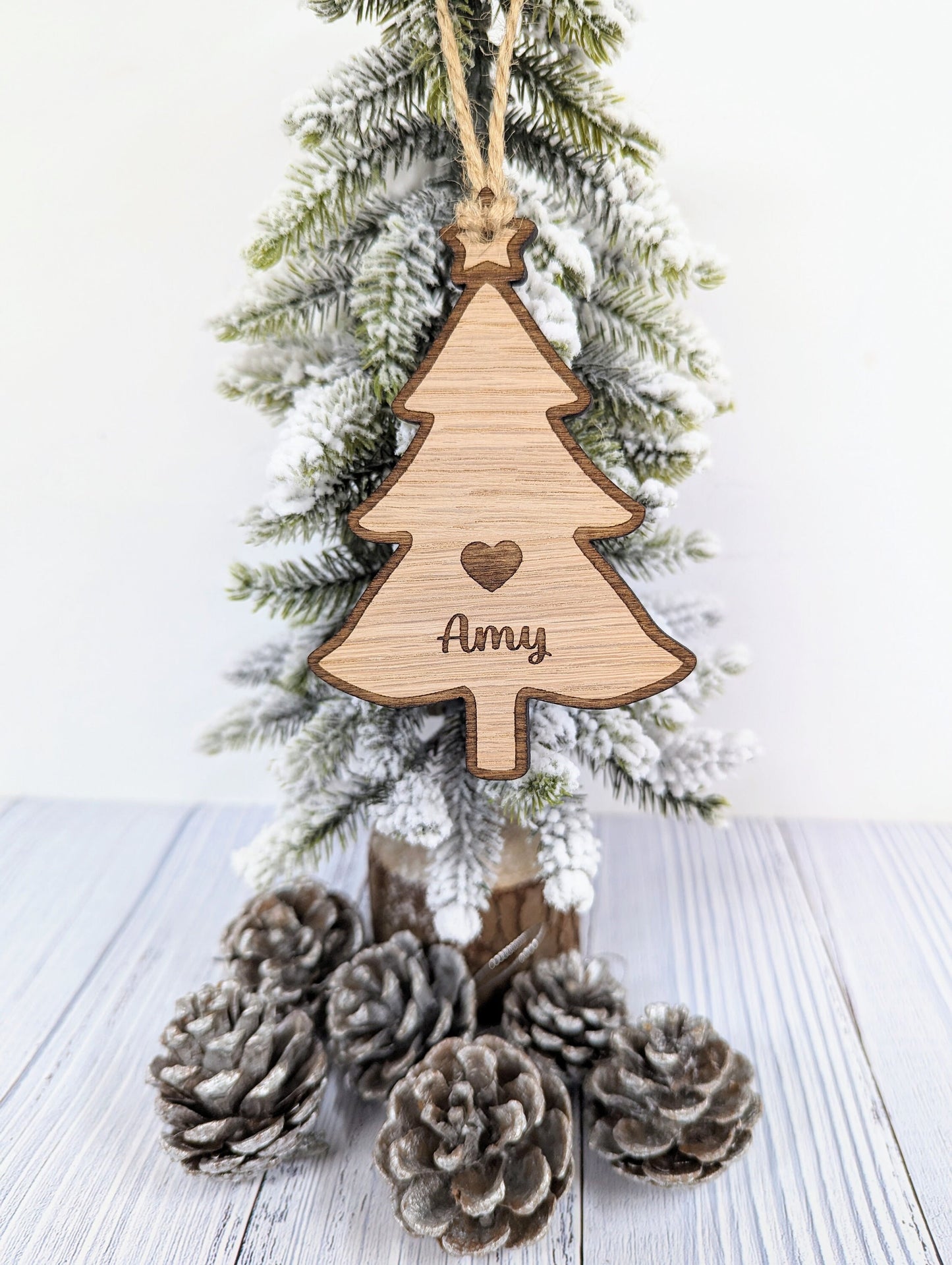 Personalised Christmas Tree-Shaped Bauble with Engraved Heart and Star - Oak Veneer