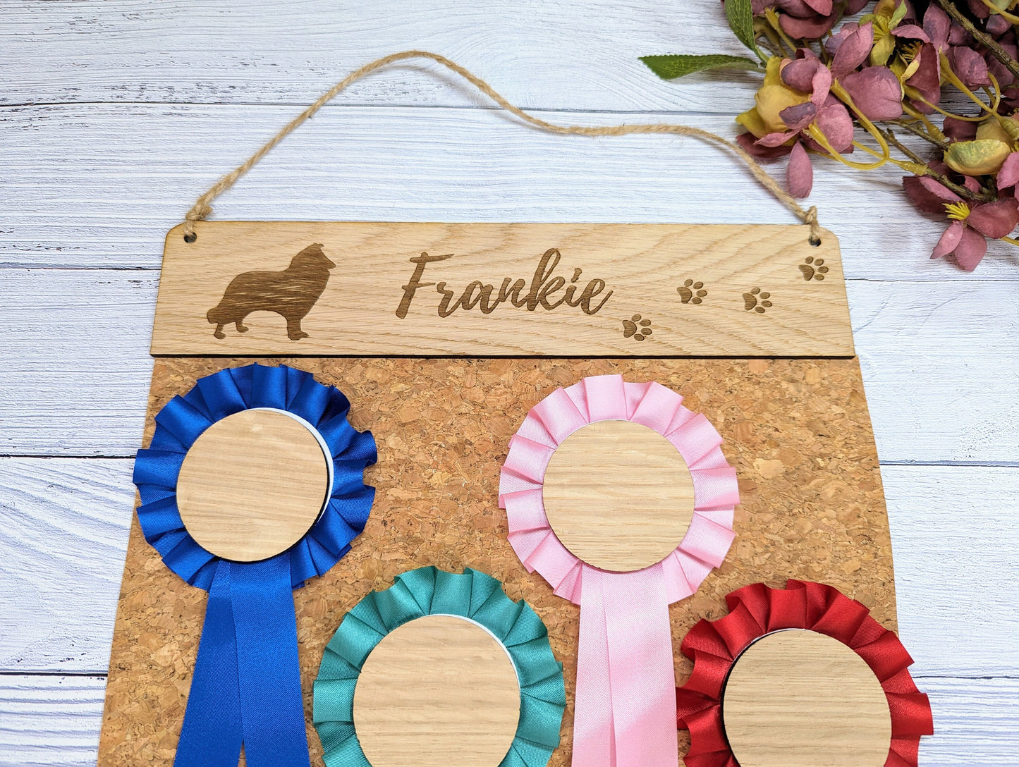 Personalised Rough Collie Rosette Holder - Custom Dog Show Award Display - Handcrafted Wooden Keepsake for Pet Lovers