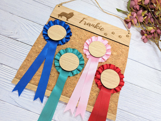 Personalised Rough Collie Rosette Holder - Custom Dog Show Award Display - Handcrafted Wooden Keepsake for Pet Lovers