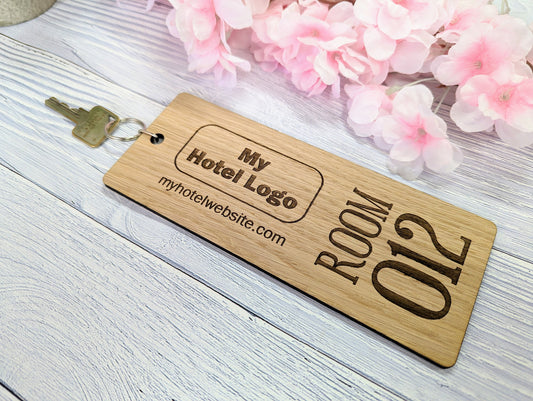 Extra-Large 200x80mm Wooden Hotel Keyrings - Customisable with Hotel Name/Logo & Room Number - Ideal for Luxury Hotels