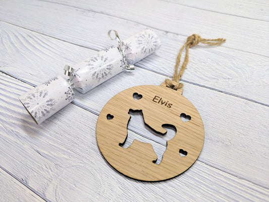 Personalised Husky Christmas Bauble in Oak Veneer MDF - Rustic Jute String - Stars or Hearts Cut-Out