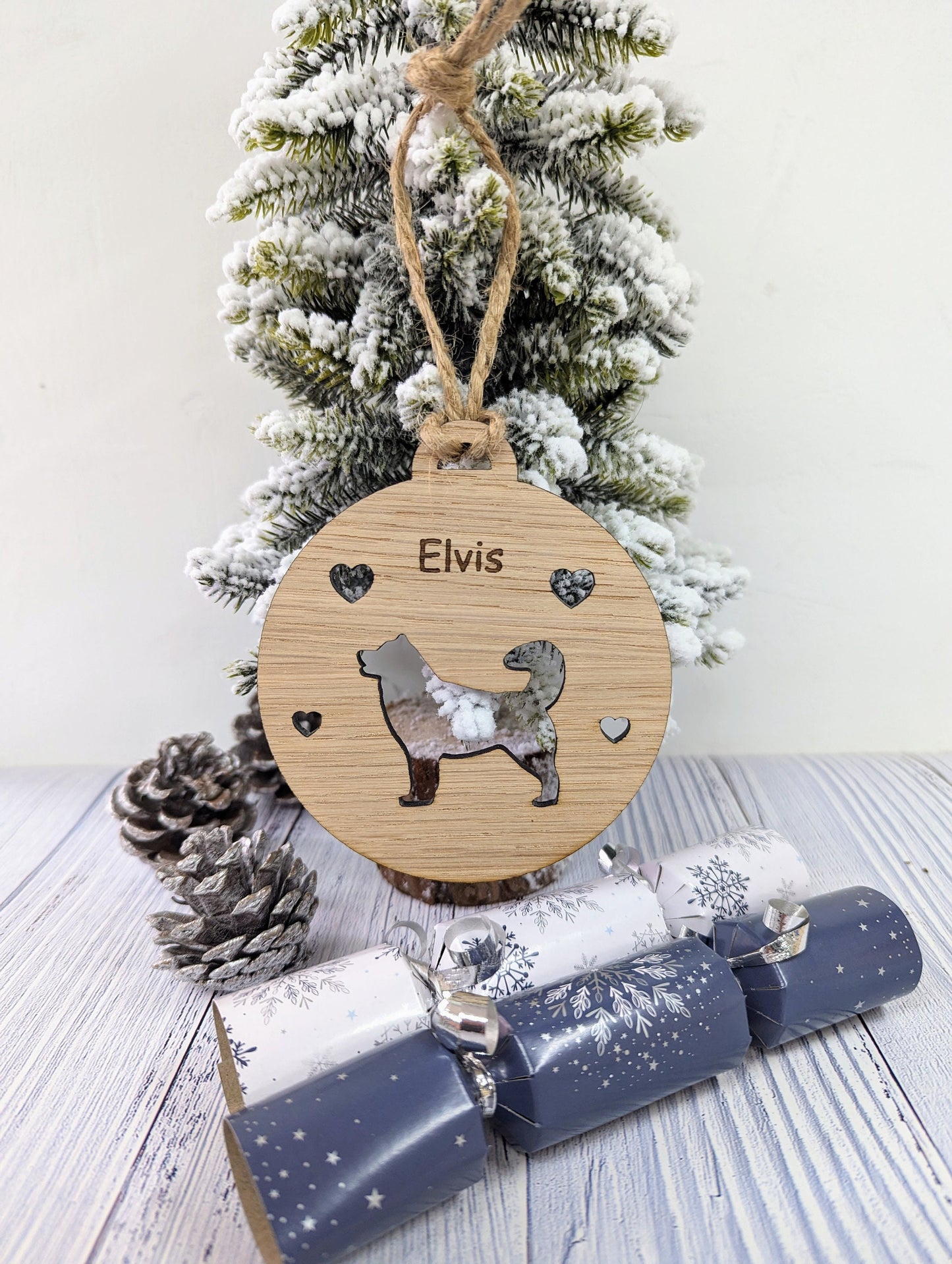 Personalised Husky Christmas Bauble in Oak Veneer MDF - Rustic Jute String - Stars or Hearts Cut-Out