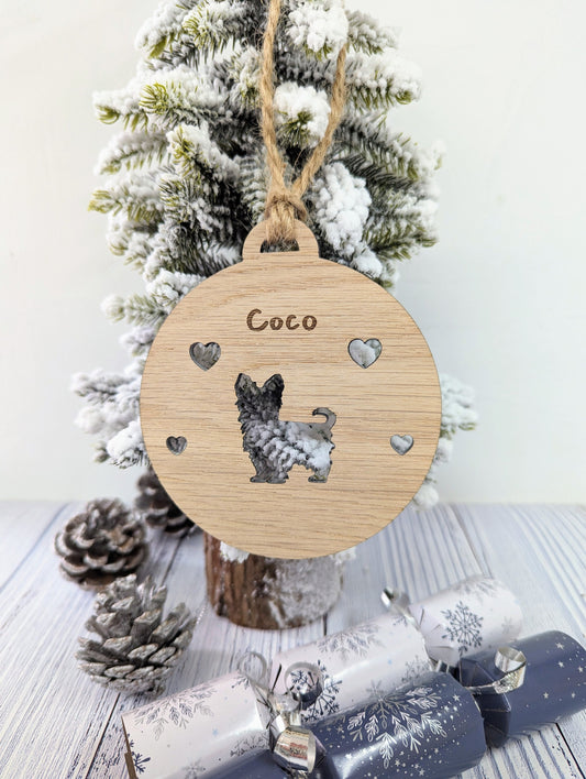 Personalised Yorkshire Terrier Christmas Bauble in Oak Veneer MDF - Rustic Jute String - Stars or Hearts Cut-Out - Yorkie Gift