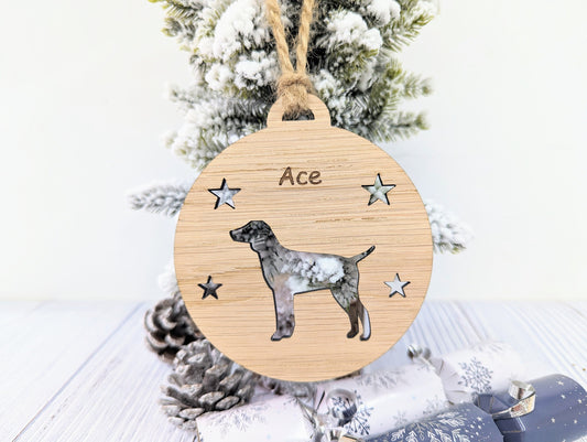 Personalised Pointer Christmas Bauble in Oak Veneer MDF - Rustic Jute String - Stars or Hearts Cut-Out - Pointer Gift