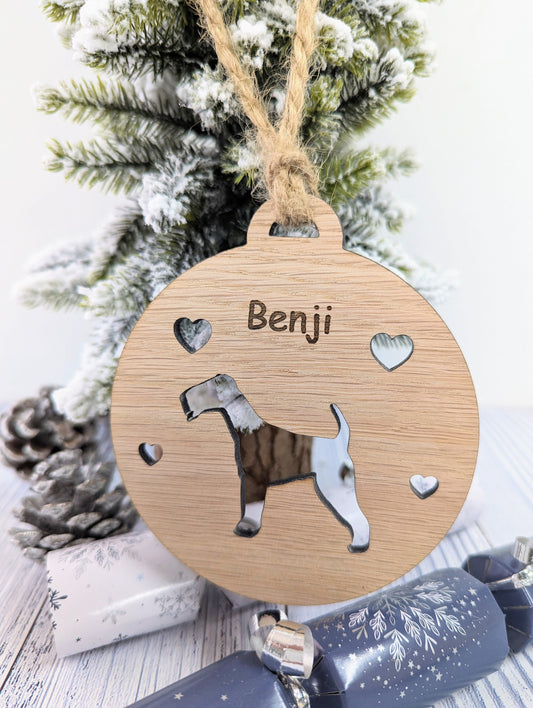 Personalised Airedale Terrier Christmas Bauble in Oak Veneer MDF - Rustic Jute String - Stars or Hearts Cut-Out - Airedale Terrier Gift