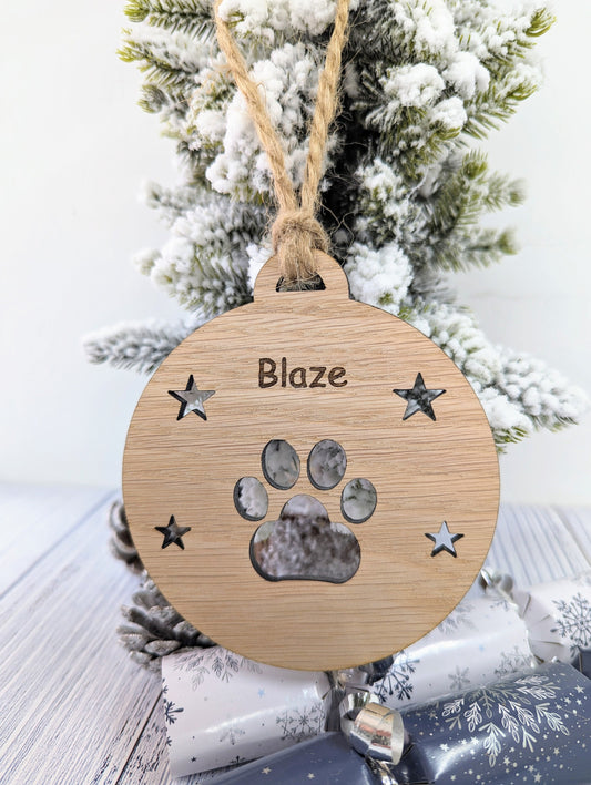 Personalised Paw Print Christmas Bauble in Oak Veneer MDF - Rustic Jute String - Stars or Hearts Cut-Out - Paw Print Gift