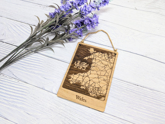 Wooden Map Wall Art of Wales with Engraved Welsh Dragon - Oak Finish - Customisable Home Decor
