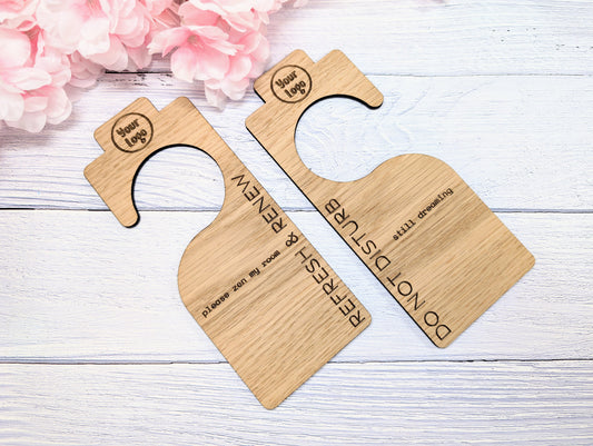 Hotel Door Hanger for Larger Handles | "Do Not Disturb" & "Please Clean My Room" | Oak Veneer | Double-Sided | Customisable Logo