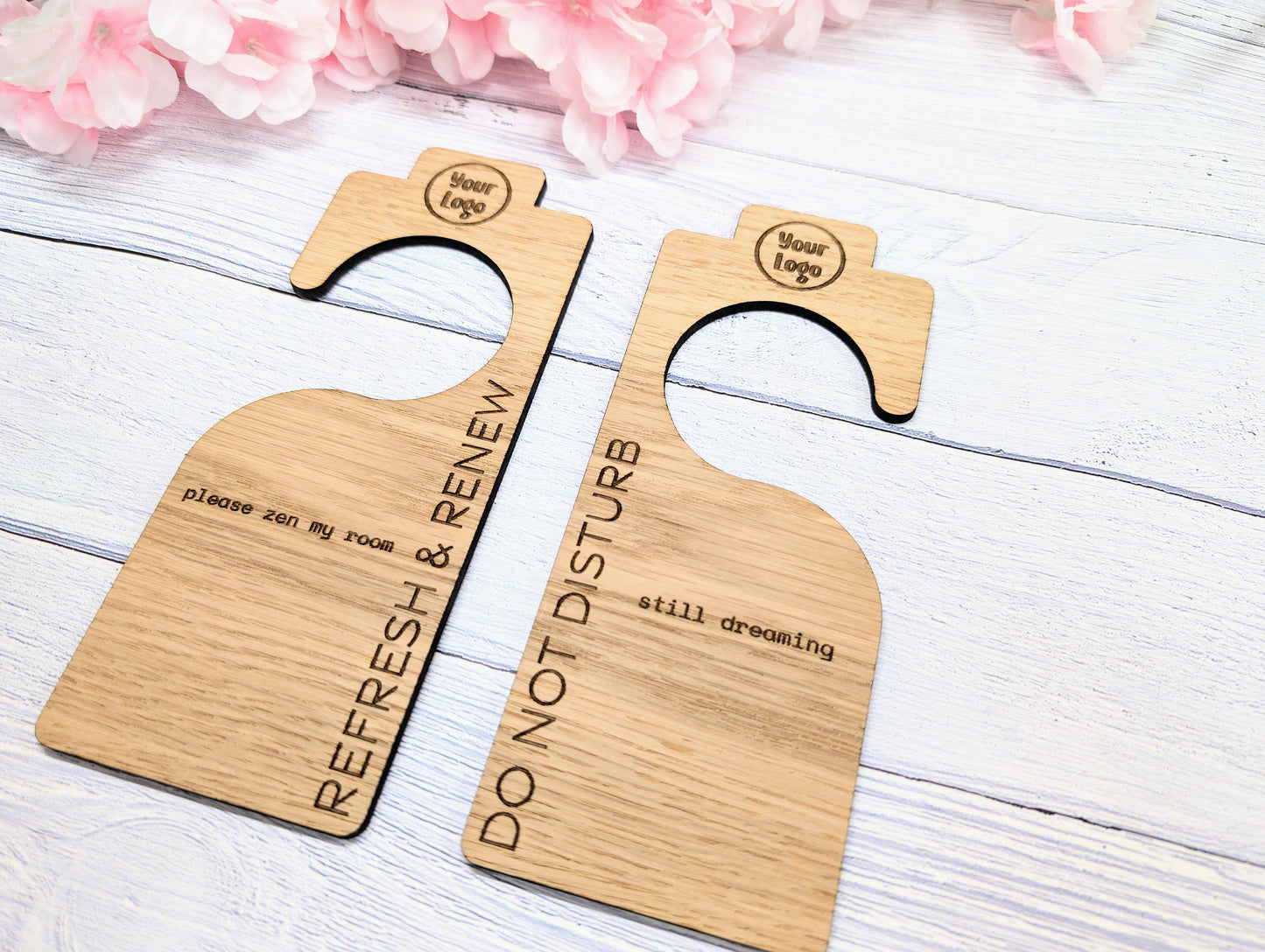 Hotel Door Hanger for Larger Handles | "Do Not Disturb" & "Please Clean My Room" | Oak Veneer | Double-Sided | Customisable Logo