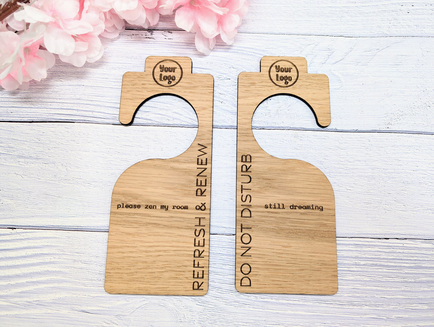 Hotel Door Hanger for Larger Handles | "Do Not Disturb" & "Please Clean My Room" | Oak Veneer | Double-Sided | Customisable Logo